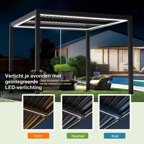 Patioslife Atlantic™ | Aluminium Lamel Pergola met Verstelbaar Dak en LED Verlichting, Vrijstaande Buiten Shelter voor Patio, Terras en Zwembad