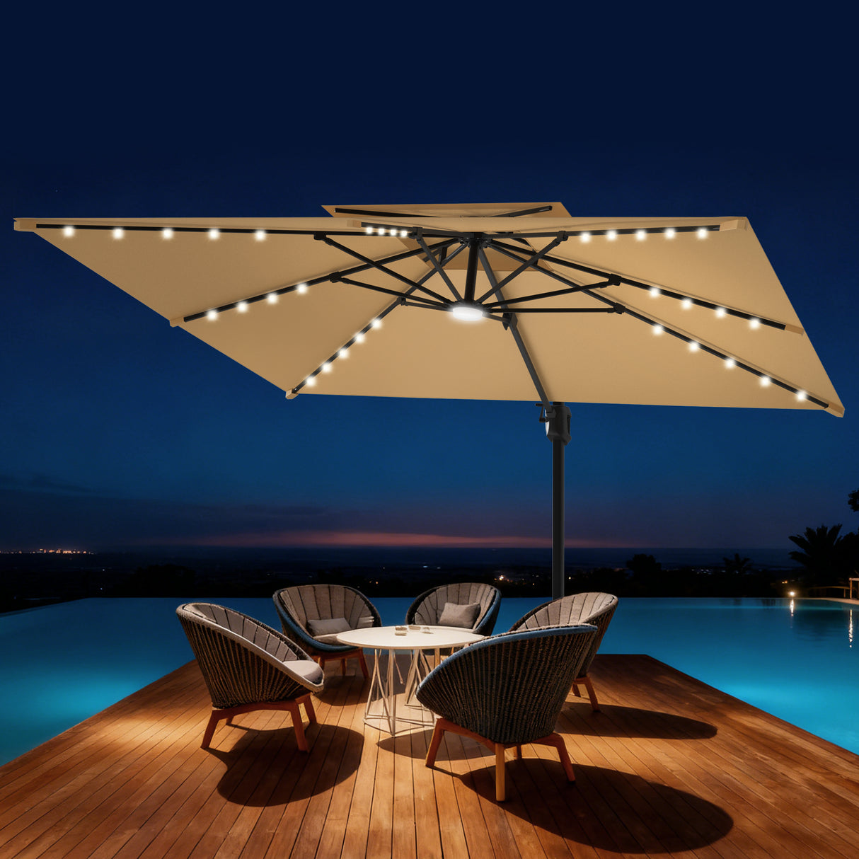 Patioslife Aegis Pro Cantilever Parasol met LED Verlichting, Versterkte Aluminium Ribben en Paal met Poedercoating — Perfect voor Tuin en Patio