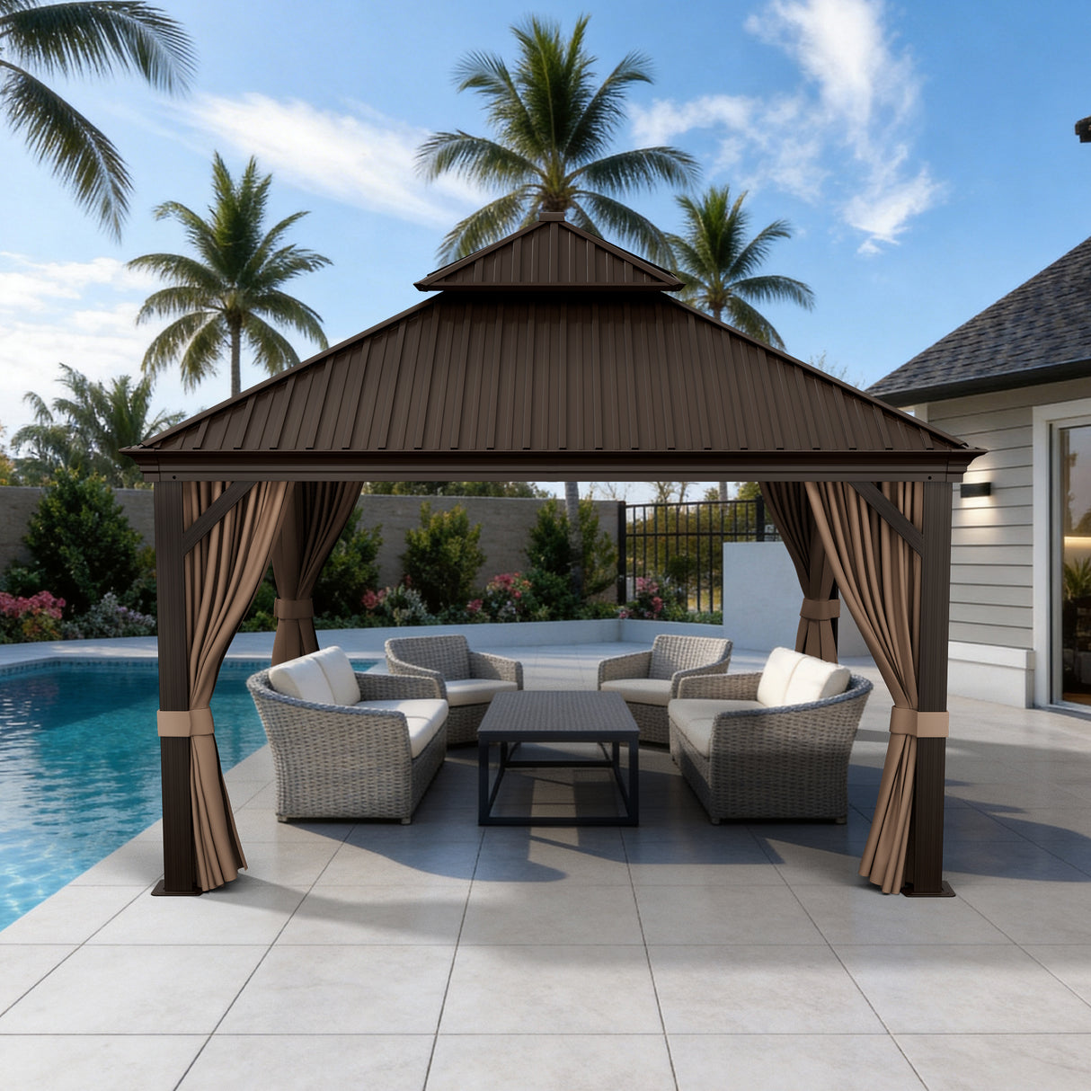 Patioslife Luxury Haven - Hardtop Prieel met Stijlvolle Houtlook - Geïntegreerde Waterafvoer - 5 Jaar Frame Garantie - Weersbestendig