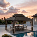 Patioslife Luxury Haven Hardtop Pergola met Afvoergoten, 120×120 mm Aluminium Palen, Dubbel Geventileerd Dak en Gordijnen | Populairste Keuze voor Tuin of Achtertuin