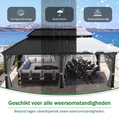 Patioslife Luxury Haven Hardtop Pergola met Afvoergoten, 120×120 mm Aluminium Palen, Dubbel Geventileerd Dak en Gordijnen | Populairste Keuze voor Tuin of Achtertuin