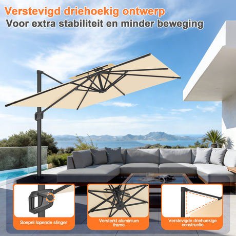 Patioslife Aegis Pro™ Cantilever Parasol met Kruisvoet — Robuust Frame en Poedergecoat Aluminium Paal voor Tuin en Terras