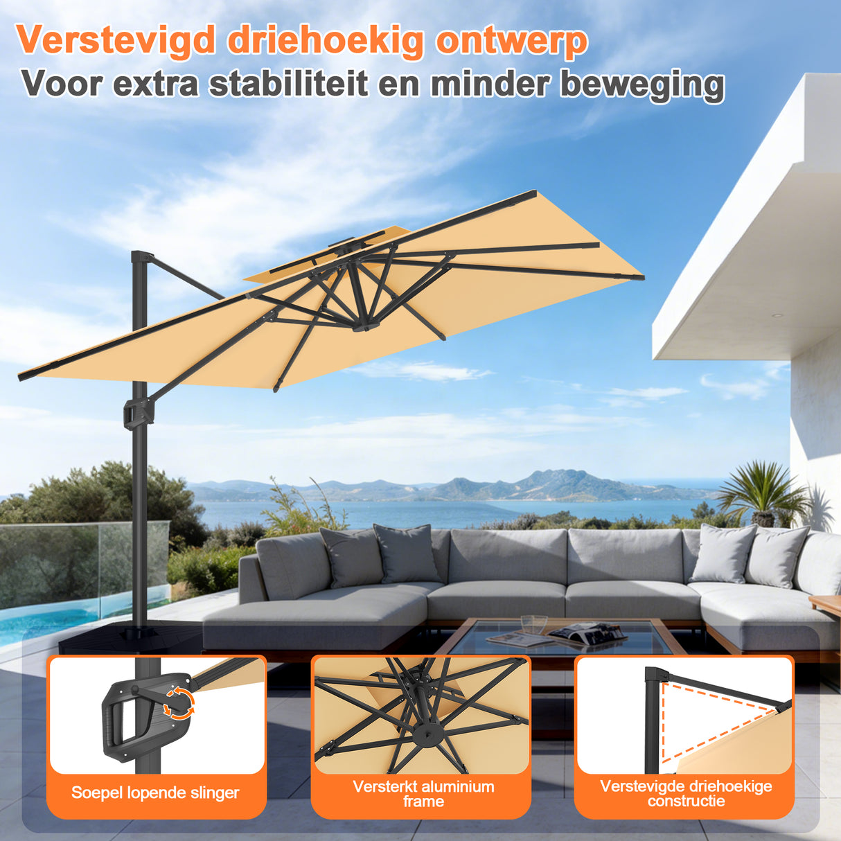 Patioslife Aegis Pro™ Cantilever Parasol met Kruisvoet — Robuust Frame en Poedergecoat Aluminium Paal voor Tuin en Terras