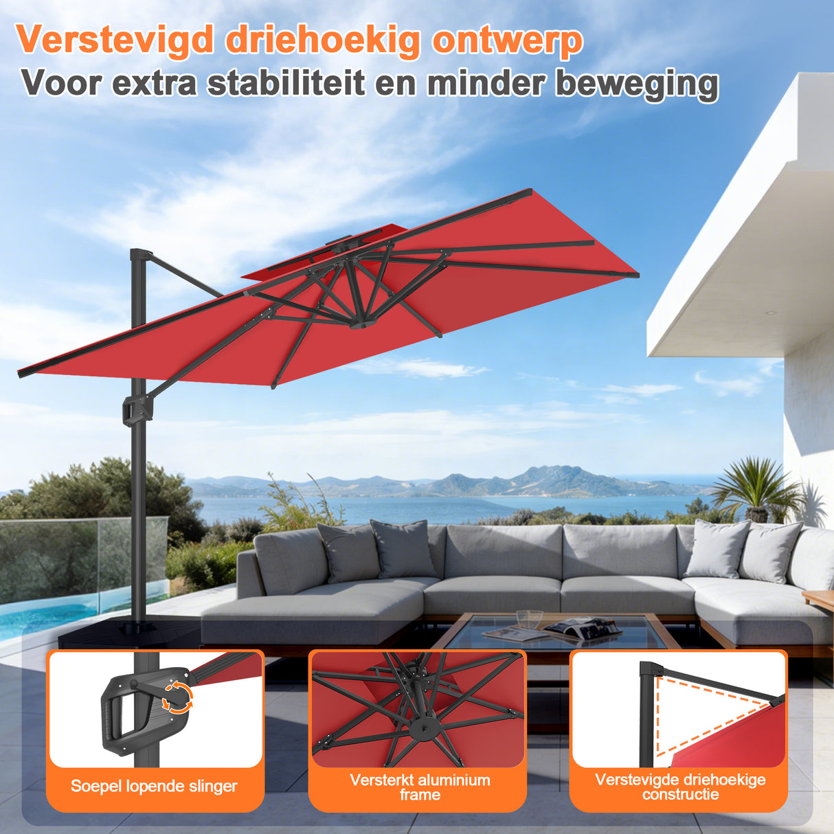 Patioslife Aegis Pro™ Cantilever Parasol met Kruisvoet — Robuust Frame en Poedergecoat Aluminium Paal voor Tuin en Terras