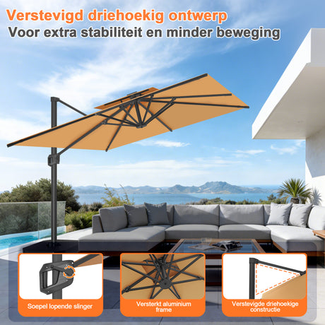 Patioslife Aegis Pro™ Cantilever Parasol met Kruisvoet — Robuust Frame en Poedergecoat Aluminium Paal voor Tuin en Terras