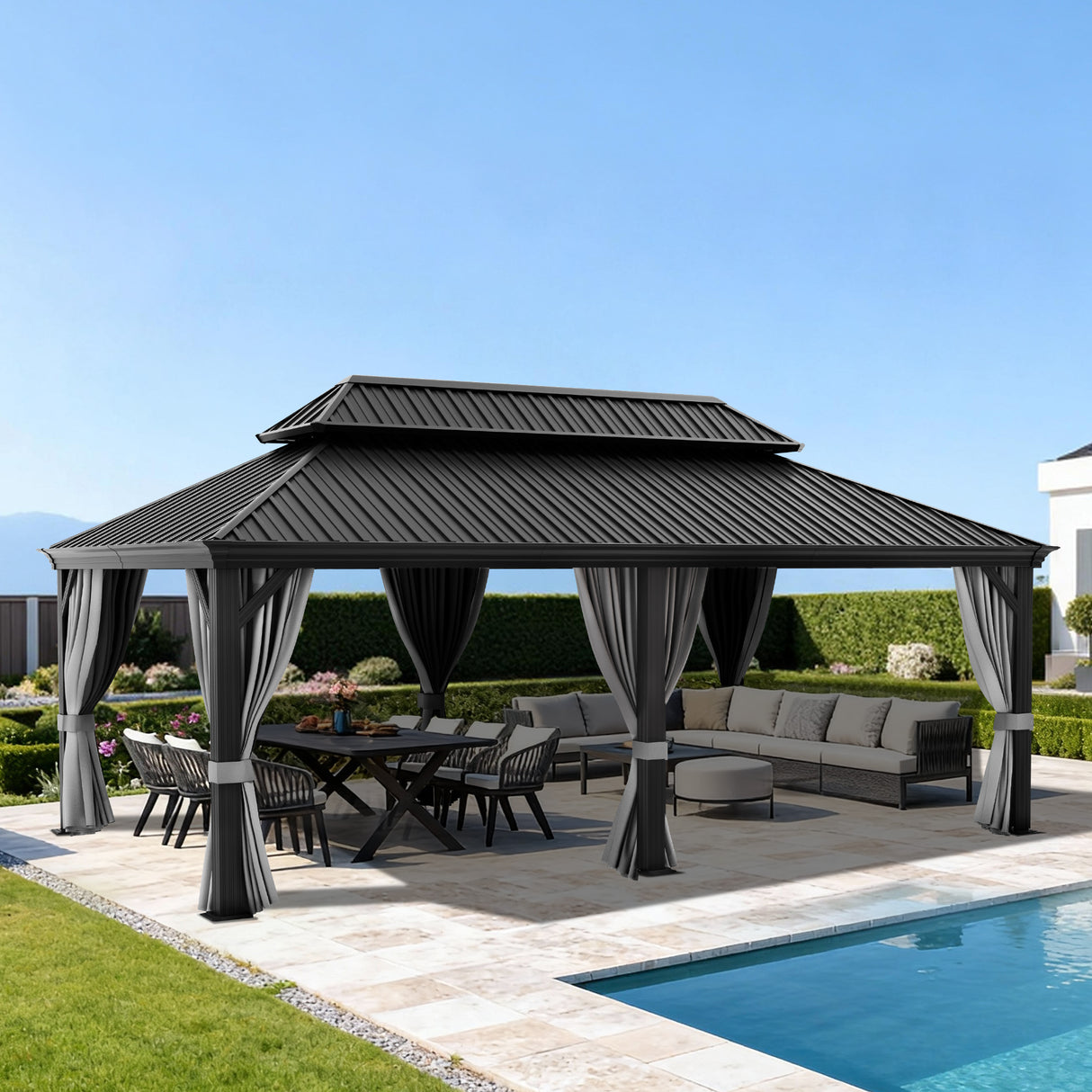 Patioslife Luxury Haven - Hardtop Prieel met Stijlvolle Houtlook - Geïntegreerde Waterafvoer - 5 Jaar Frame Garantie - Weersbestendig