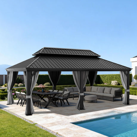 Hardtop Tuinpaviljoen - Luxe Houtnerf Design - Patioslife Luxury Haven - Incl. Afvoergoten & Gordijnen - 120x120mm Aluminium Palen - 100% Weerbestendig - Voor Tuin & Achtertuin