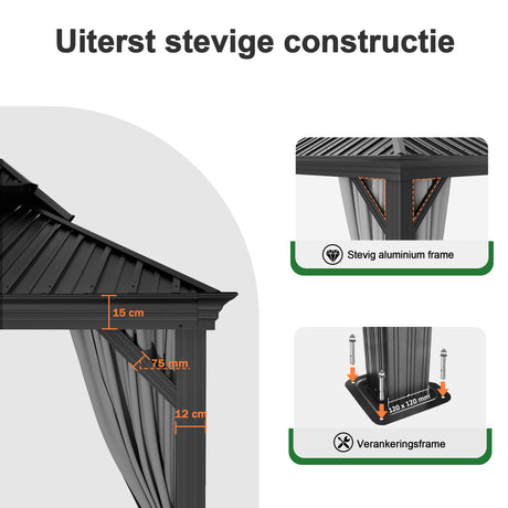 Hardtop Tuinpaviljoen - Luxe Houtnerf Design - Patioslife Luxury Haven - Incl. Afvoergoten & Gordijnen - 120x120mm Aluminium Palen - 100% Weerbestendig - Voor Tuin & Achtertuin
