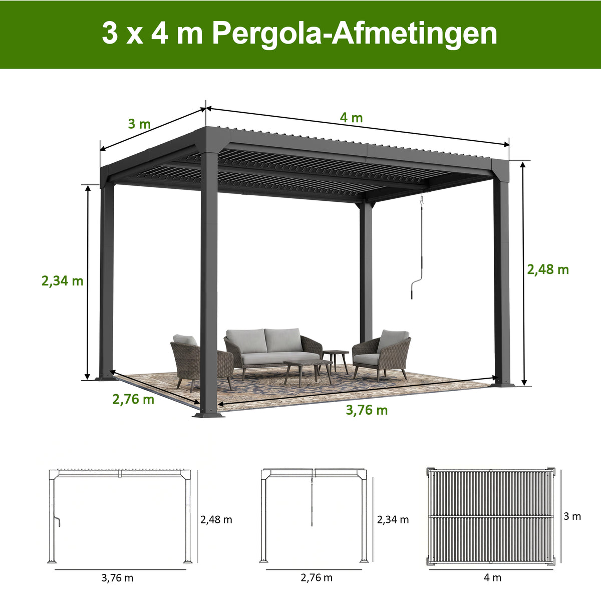 Patioslife Atlantic pergola – aluminium lamellen dak met LED en verstelbare lamellen – vrijstaand voor tuin, terras en zwembad