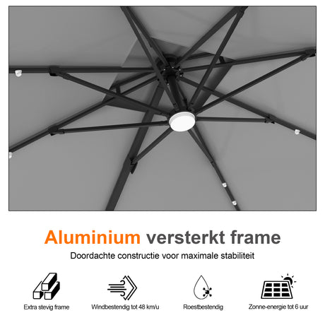 Patioslife Aegis Pro Cantilever Parasol met LED Verlichting, Versterkte Aluminium Ribben en Paal met Poedercoating — Perfect voor Tuin en Patio