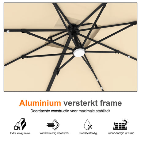 Patioslife Aegis Pro Cantilever Parasol met LED Verlichting, Versterkte Aluminium Ribben en Paal met Poedercoating — Perfect voor Tuin en Patio