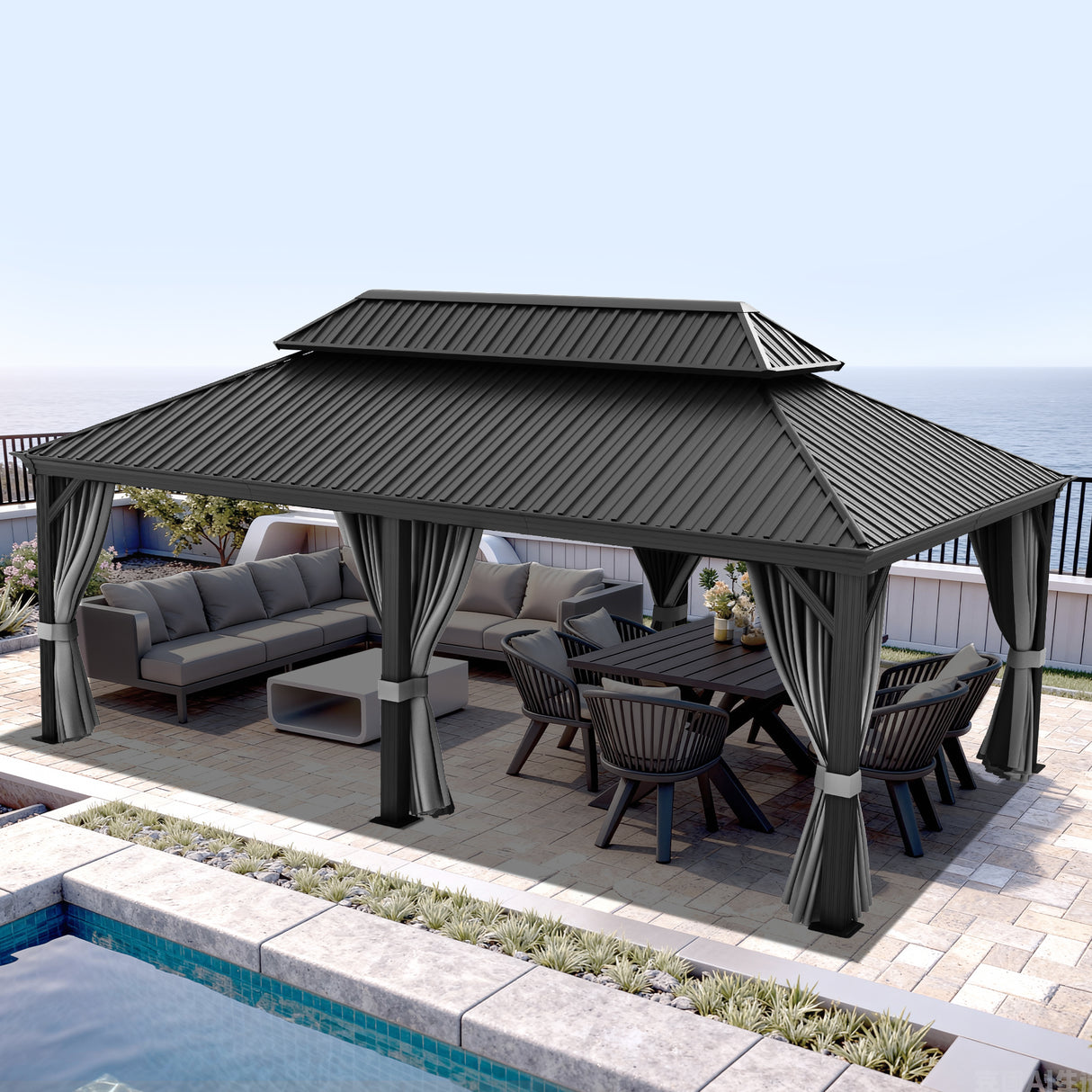 Patioslife Luxury Haven Hardtop Pergola met Afvoergoten, 120×120 mm Aluminium Palen, Dubbel Geventileerd Dak en Gordijnen | Populairste Keuze voor Tuin of Achtertuin