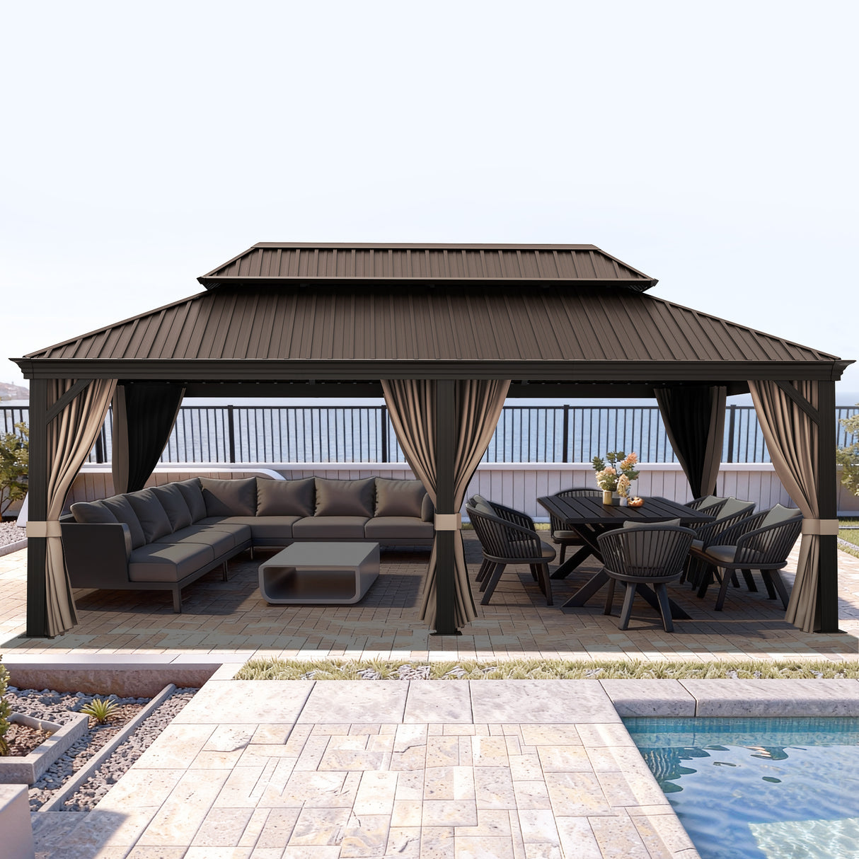 Patioslife Luxury Haven - Hardtop Prieel met Stijlvolle Houtlook - Geïntegreerde Waterafvoer - 5 Jaar Frame Garantie - Weersbestendig