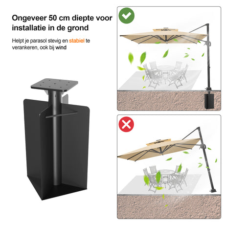 Patioslife Aegis Zweefparasol Inbouwvoet – 61 cm Diep, Dubbel Gecoat Staal, Stabiel bij Wind – Voor Tuin, Terras en Beton
