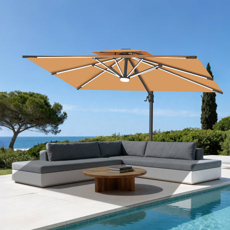Patioslife Aegis Premium Cantilever Parasol met LED Verlichting, Glasvezel Ribs, Poedercoating Aluminium Stok & Beschermhoes — Luxe Tuin- en Terrasschaduw