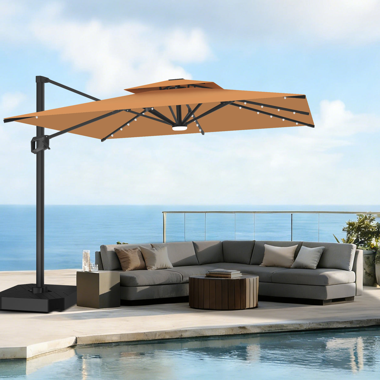 Patioslife Aegis Pro Cantilever Parasol met LED Verlichting, Versterkte Aluminium Ribben en Paal met Poedercoating — Perfect voor Tuin en Patio