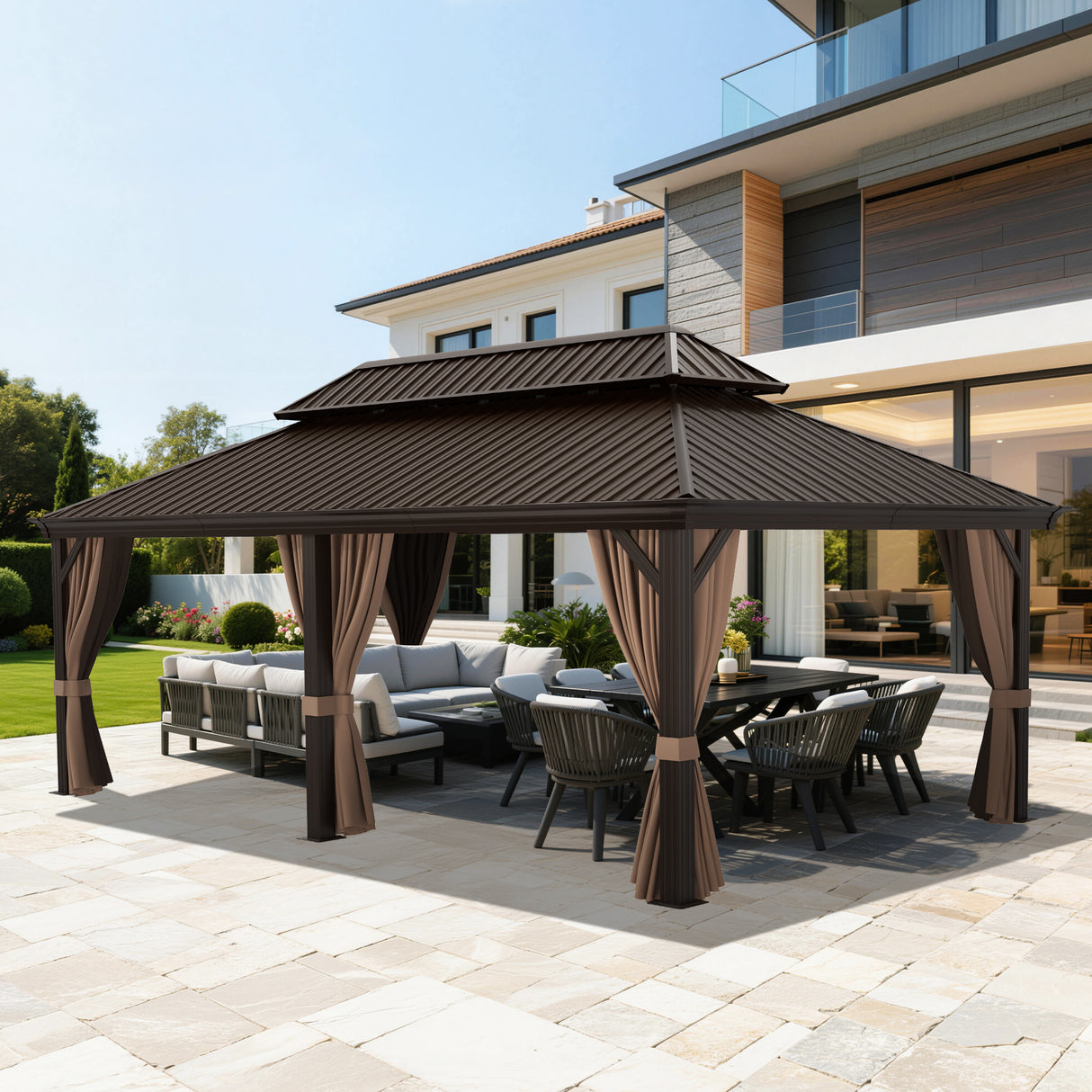 Patioslife Luxury Haven Hardtop Pergola met Afvoergoten, 120×120 mm Aluminium Palen, Dubbel Geventileerd Dak en Gordijnen | Populairste Keuze voor Tuin of Achtertuin