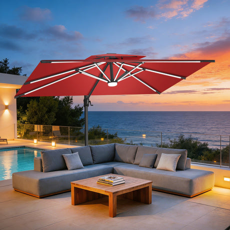 Patioslife Aegis Premium Cantilever Parasol met LED Verlichting, Glasvezel Ribs, Poedercoating Aluminium Stok & Beschermhoes — Luxe Tuin- en Terrasschaduw