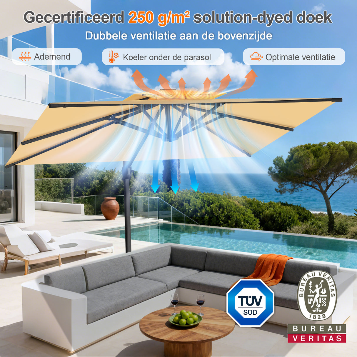 Patioslife Aegis Pro™ Cantilever Parasol met Kruisvoet — Robuust Frame en Poedergecoat Aluminium Paal voor Tuin en Terras