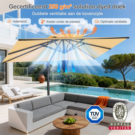 Patioslife Aegis Pro™ Cantilever Parasol met Kruisvoet — Robuust Frame en Poedergecoat Aluminium Paal voor Tuin en Terras