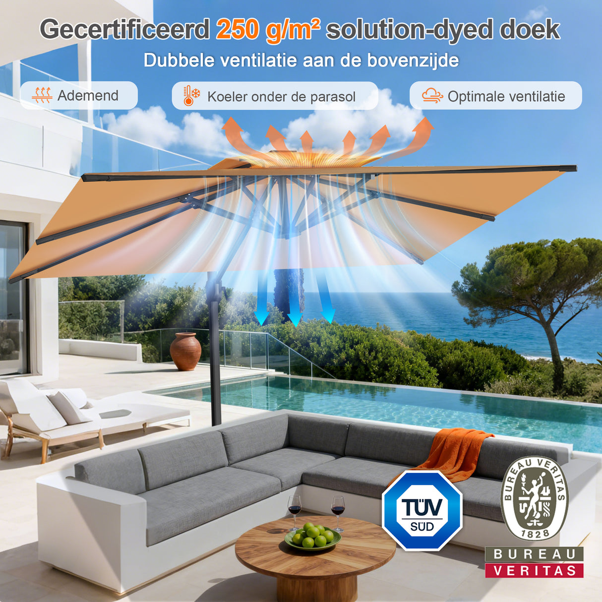 Patioslife Aegis Pro™ Cantilever Parasol met Kruisvoet — Robuust Frame en Poedergecoat Aluminium Paal voor Tuin en Terras