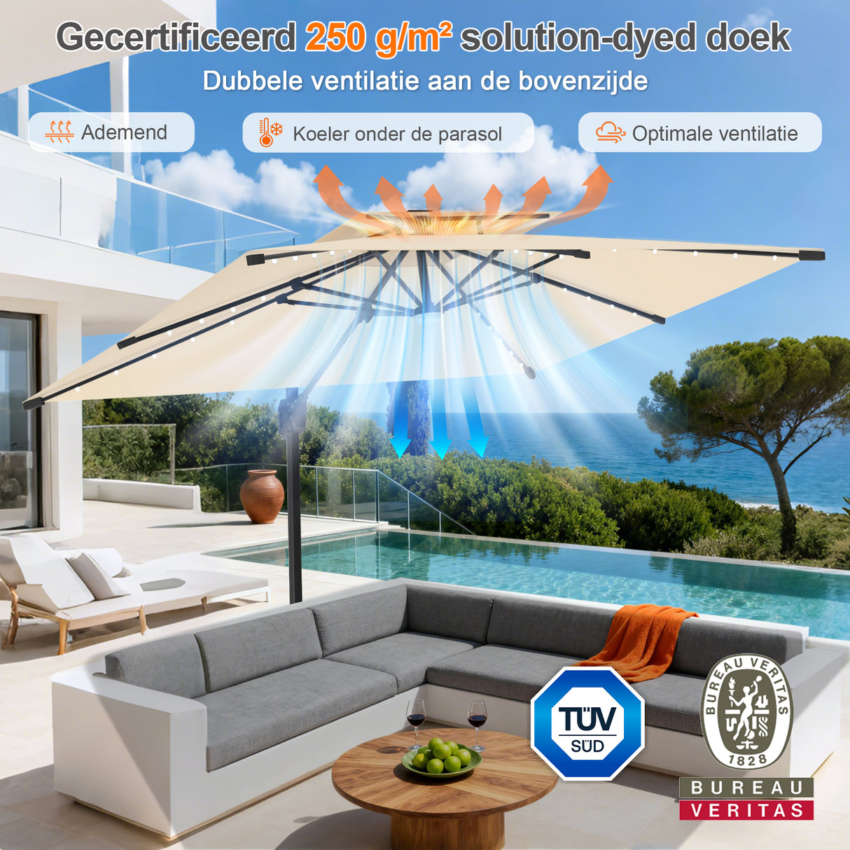 Patioslife Aegis Pro Cantilever Parasol met LED Verlichting, Versterkte Aluminium Ribben en Paal met Poedercoating — Perfect voor Tuin en Patio