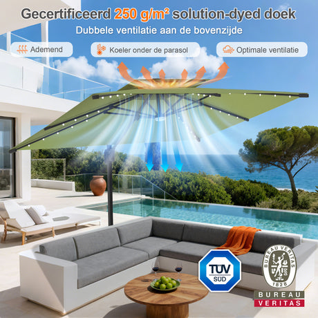 Patioslife Aegis Pro Cantilever Parasol met LED Verlichting, Versterkte Aluminium Ribben en Paal met Poedercoating — Perfect voor Tuin en Patio