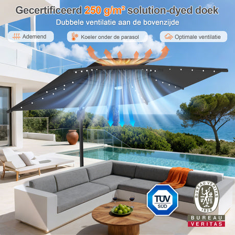 Patioslife Aegis Pro Cantilever Parasol met LED Verlichting, Versterkte Aluminium Ribben en Paal met Poedercoating — Perfect voor Tuin en Patio