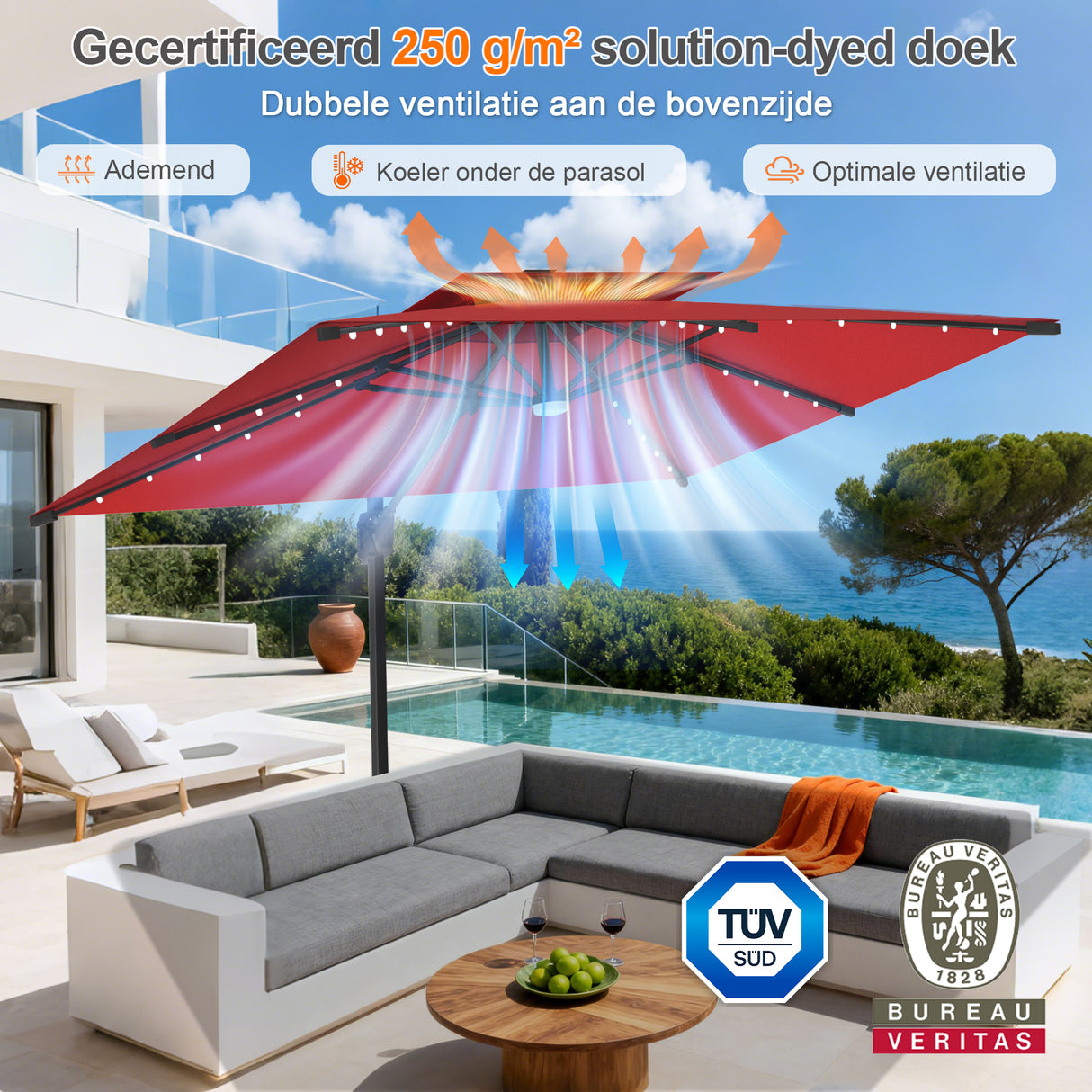 Patioslife Aegis Pro Cantilever Parasol met LED Verlichting, Versterkte Aluminium Ribben en Paal met Poedercoating — Perfect voor Tuin en Patio