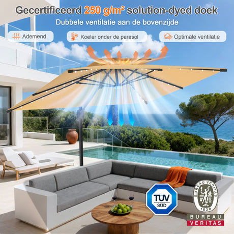 Patioslife Aegis Pro Cantilever Parasol met LED Verlichting, Versterkte Aluminium Ribben en Paal met Poedercoating — Perfect voor Tuin en Patio