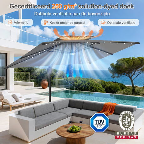 Patioslife Aegis Pro Cantilever Parasol met LED Verlichting, Versterkte Aluminium Ribben en Paal met Poedercoating — Perfect voor Tuin en Patio