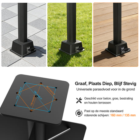 Patioslife Aegis Zweefparasol Inbouwvoet – 61 cm Diep, Dubbel Gecoat Staal, Stabiel bij Wind – Voor Tuin, Terras en Beton