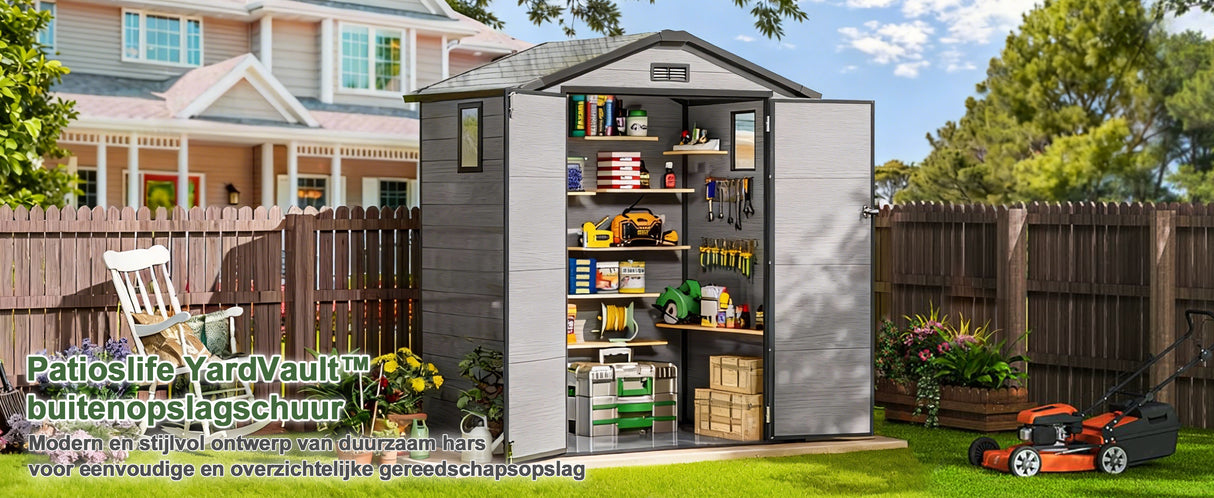 Patioslife YardVault Outdoor Opslagschuur met Vloer, Weerbestendige Waterdichte Plastic Tuinschuur van Hars met Slot en Raam voor de Tuin, Zware Opslagschuur voor Gereedschap, Fietsen & Tuinapparatuur