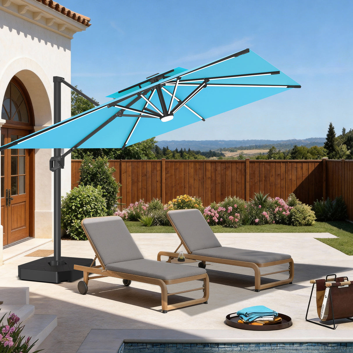 Patioslife Aegis Premium Cantilever Parasol met LED Verlichting, Glasvezel Ribs, Poedercoating Aluminium Stok & Beschermhoes — Luxe Tuin- en Terrasschaduw