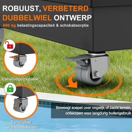Patioslife robuuste cantilever parasolvoet met wielen, tot 400 kg draagvermogen, decoratieve rolstandaard, compatibel met de Aegis-serie en de meeste offset parasols, voor gebruik op het terras, in de tuin, op het gazon en bij het zwembad.