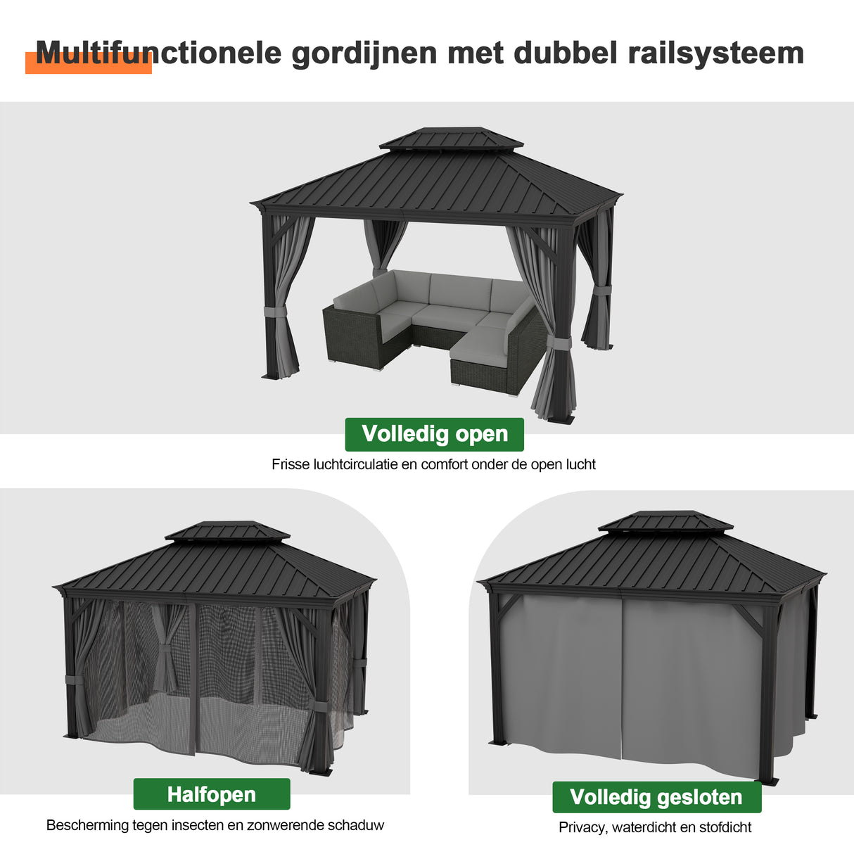 Patioslife Luxury Haven Hardtop Pergola met Afvoergoten, 120×120 mm Aluminium Palen, Dubbel Geventileerd Dak en Gordijnen | Populairste Keuze voor Tuin of Achtertuin