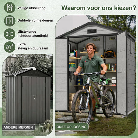 Patioslife YardVault Outdoor Opslagschuur met Vloer, Weerbestendige Waterdichte Plastic Tuinschuur van Hars met Slot en Raam voor de Tuin, Zware Opslagschuur voor Gereedschap, Fietsen & Tuinapparatuur